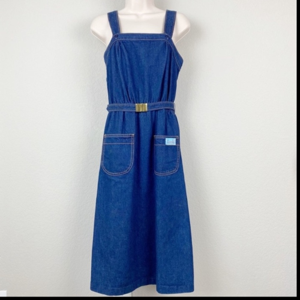 Vintage 80s Touché Blue Denim Jean Apron Overall Dress with Belt